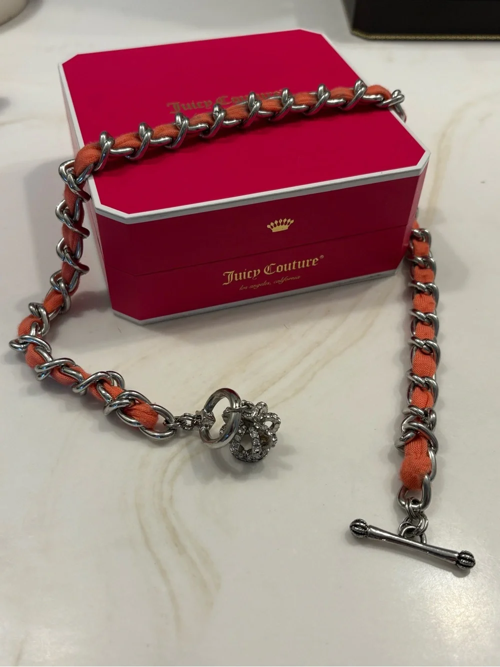 Juicy Couture Coral-Orange Chain-Link Necklace with Crystal Crown Charm
